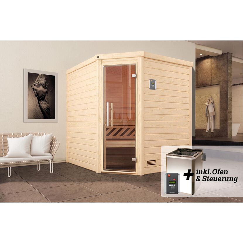 Ecksauna aus hellem Holz mit Saunaofen und Steuerung