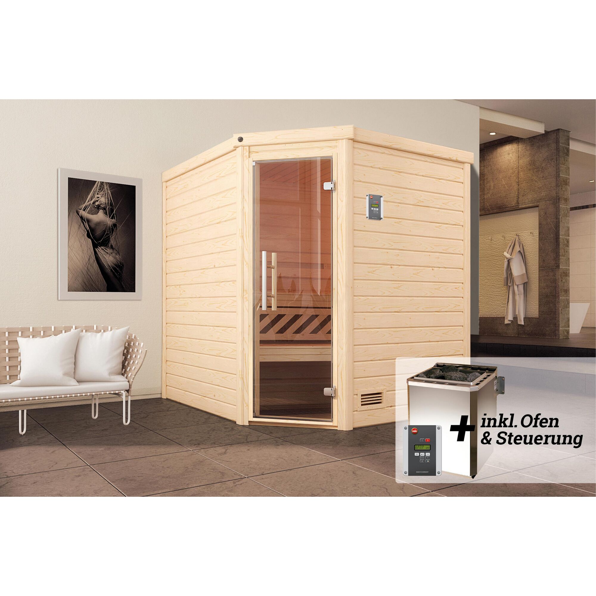 Ecksauna aus hellem Holz mit Saunaofen und Steuerung