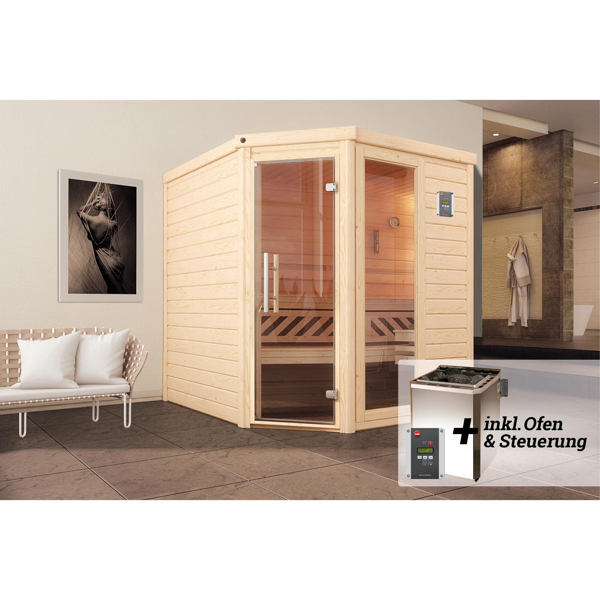 Ecksauna aus hellem Holz mit Saunaofen
