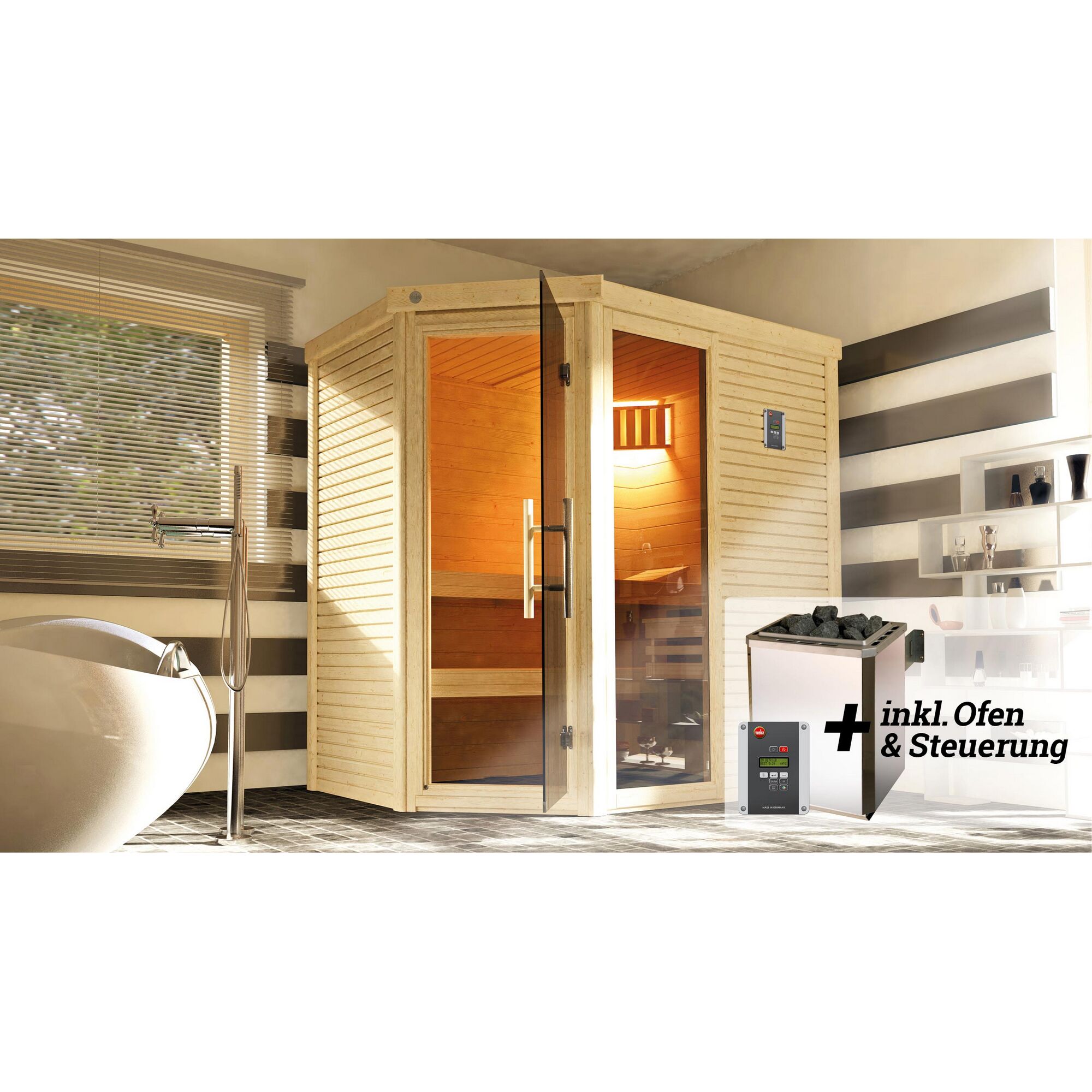 Ecksauna aus Holz mit Ofen und Steuerung