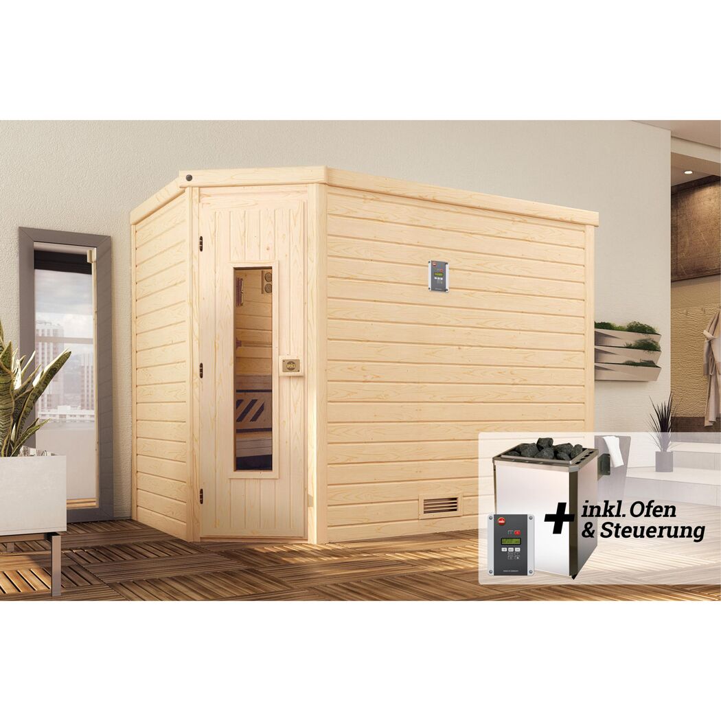 Sauna aus hellem Holz mit Saunaofen und Steuerung
