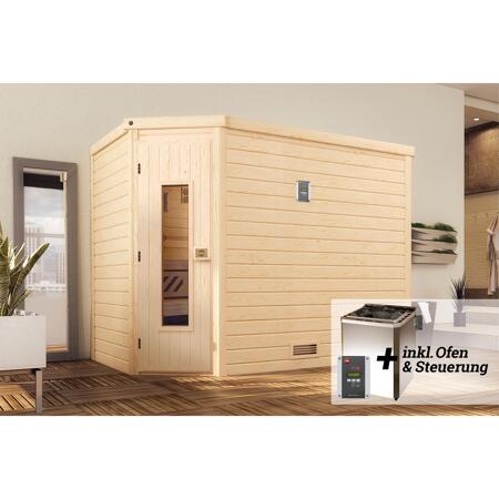 2. Bild von Premium-Massivholzsauna 'Turku 3 Eck' mit 7,5 kW BioS-Ofenset, Steuerung, Massivholztür 238 x 188 x 205 cm