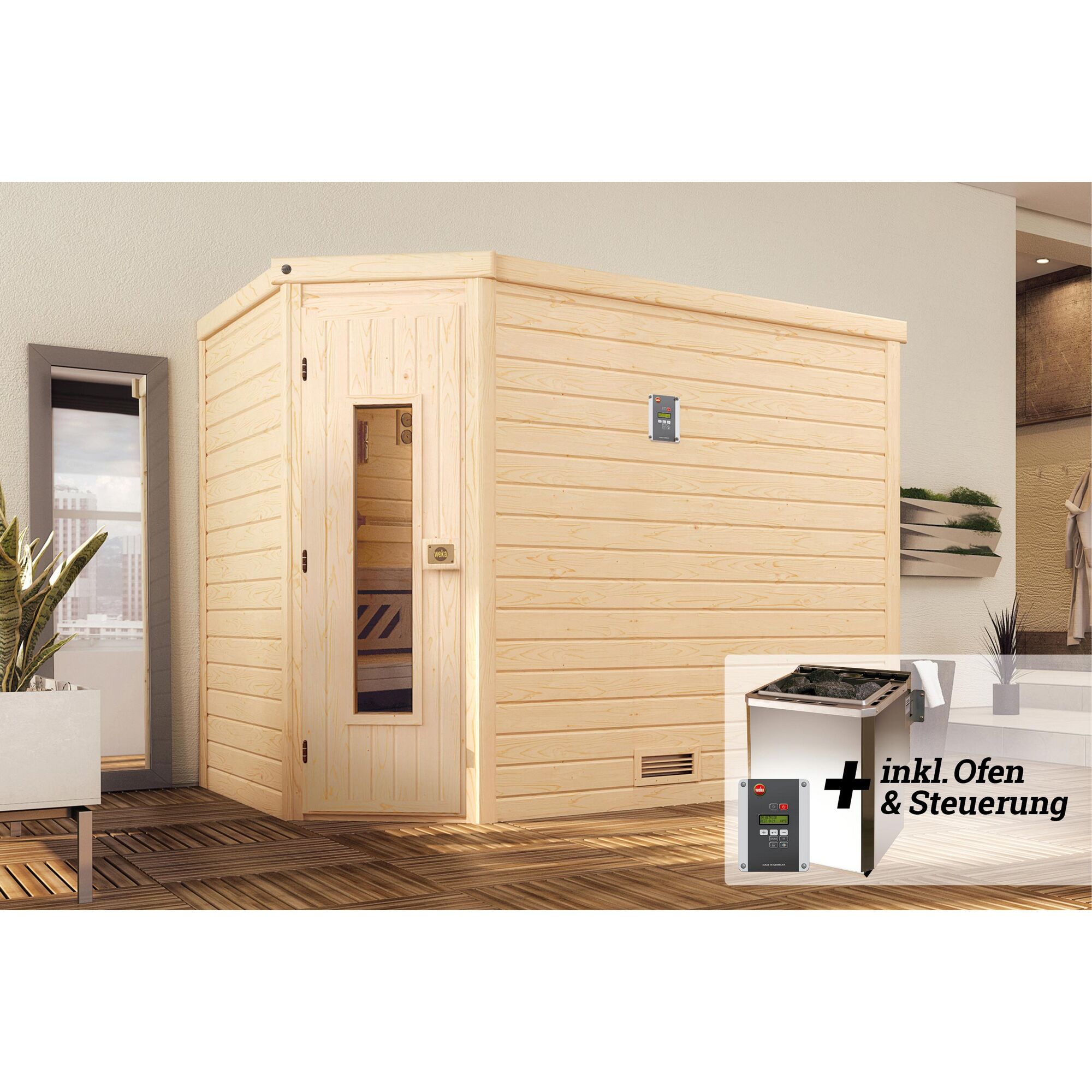 Sauna aus hellem Holz mit Saunaofen und Steuerung