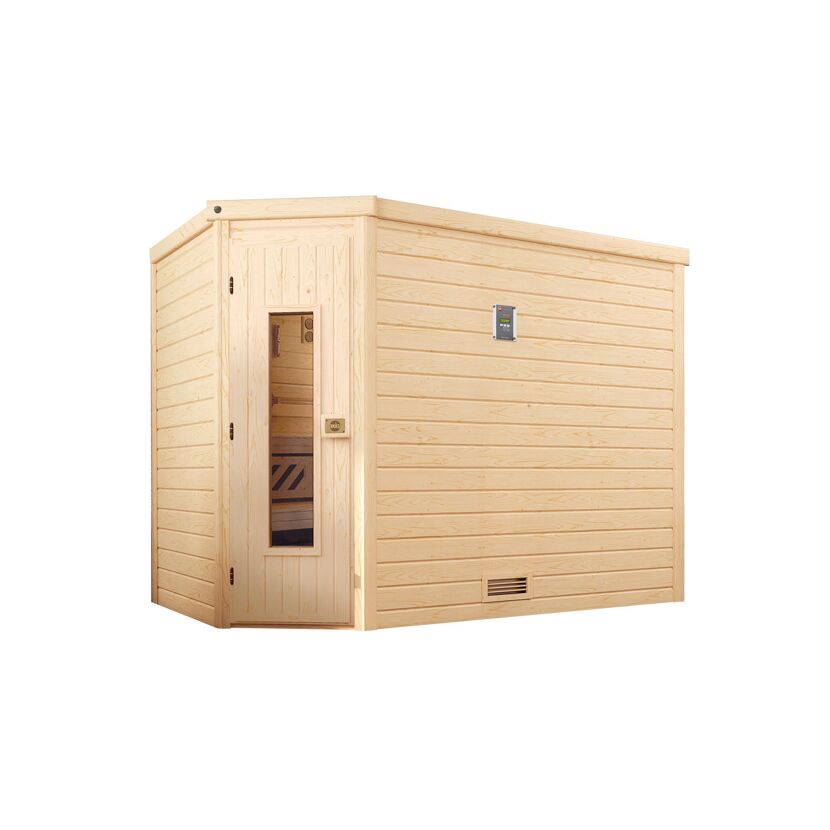 Außenansicht einer Sauna aus hellem Holz.