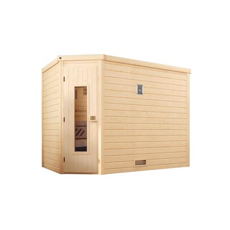 3. Bild von Premium-Massivholzsauna 'Turku 3 Eck' mit 7,5 kW BioS-Ofenset, Steuerung, Massivholztür 238 x 188 x 205 cm
