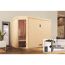 Ecksauna aus hellem Holz mit Saunaofen