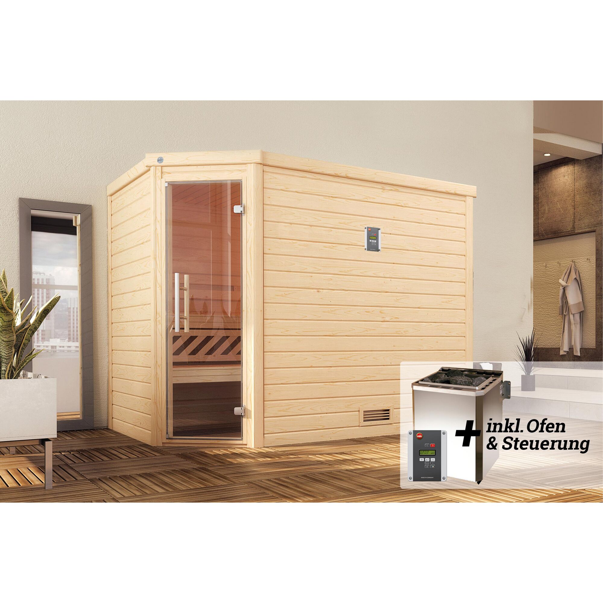 Sauna aus hellem Holz mit Saunaofen