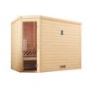 Außenansicht einer Sauna aus hellem Holz mit Glastür.