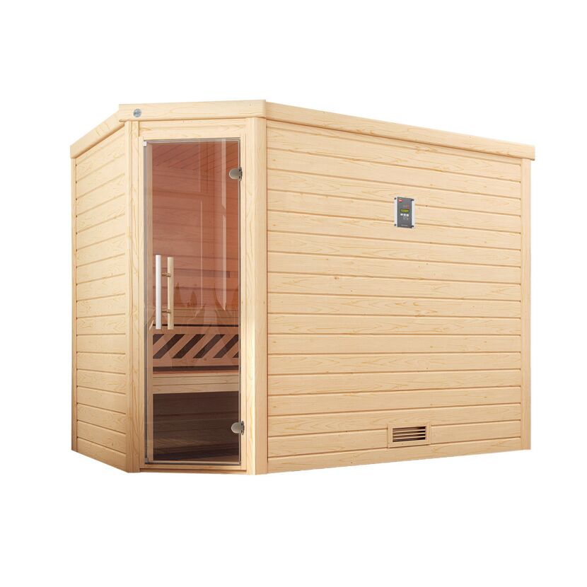Außenansicht einer Sauna aus hellem Holz mit Glastür.