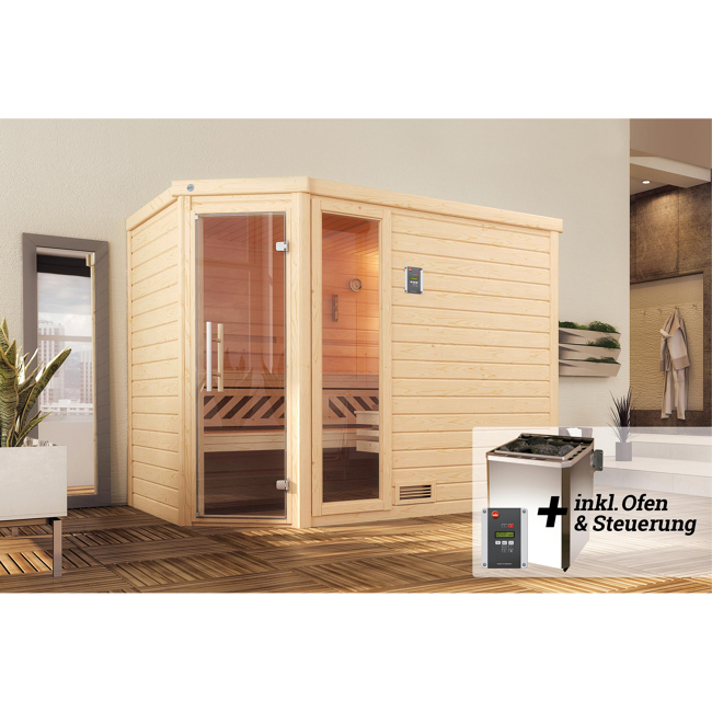 Bild von Premium-Massivholzsauna 'Turku 3 Eck' mit 7,5 kW BioS-Ofenset, Steuerung, Glastür, Fenster 238 x 188 x 205 cm