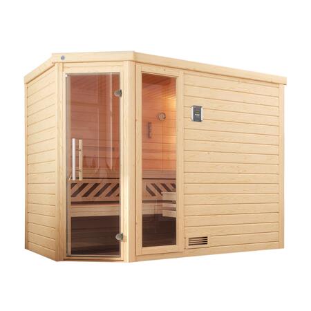 3. Bild von Premium-Massivholzsauna 'Turku 3 Eck' mit 7,5 kW BioS-Ofenset, Steuerung, Glastür, Fenster 238 x 188 x 205 cm