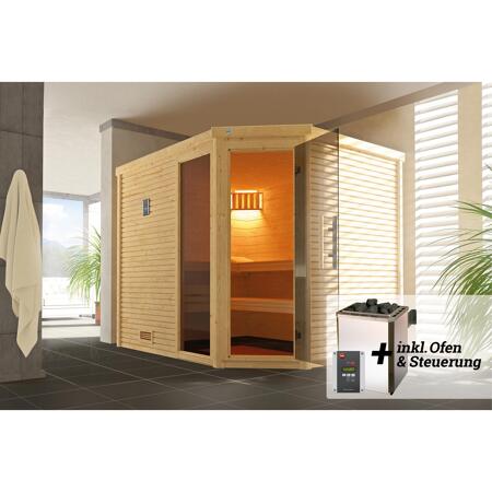 2. Bild von Design-Sauna 'Cubilis 3' mit 7,5 kW OS-Ofenset, Steuerung, Glastür, Fenster 248 x 198 x 205 cm