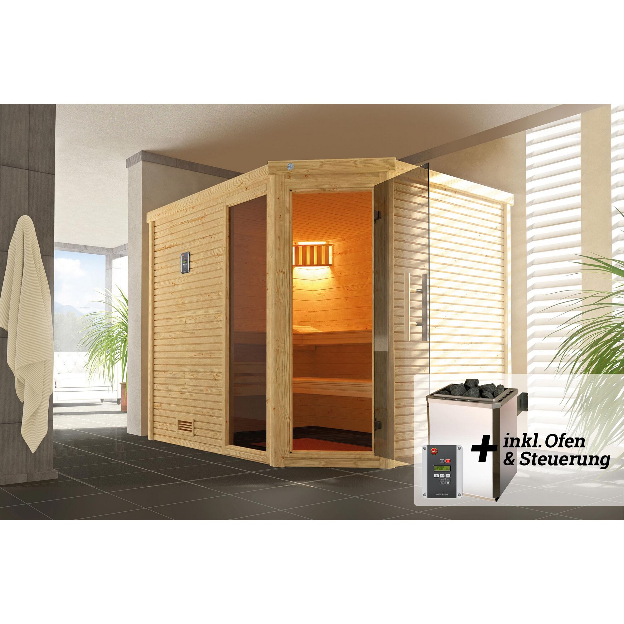 Ecksauna aus Holz mit Saunaofen und Steuerung