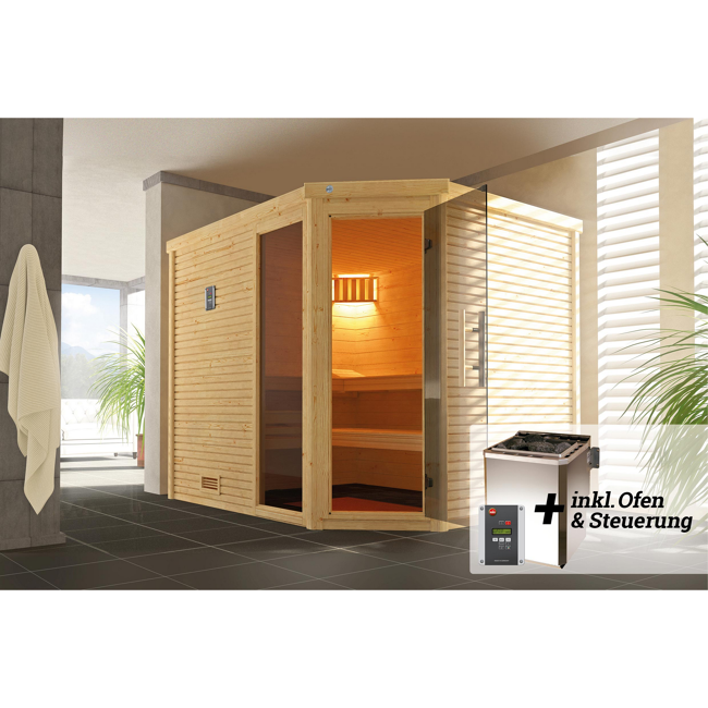 Bild von Design-Sauna 'Cubilis 3' mit 7,5 kW BioS-Ofenset, Steuerung, Glastür, Fenster 248 x 198 x 205 cm
