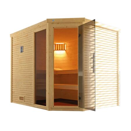 3. Bild von Design-Sauna 'Cubilis 3' mit 7,5 kW BioS-Ofenset, Steuerung, Glastür, Fenster 248 x 198 x 205 cm