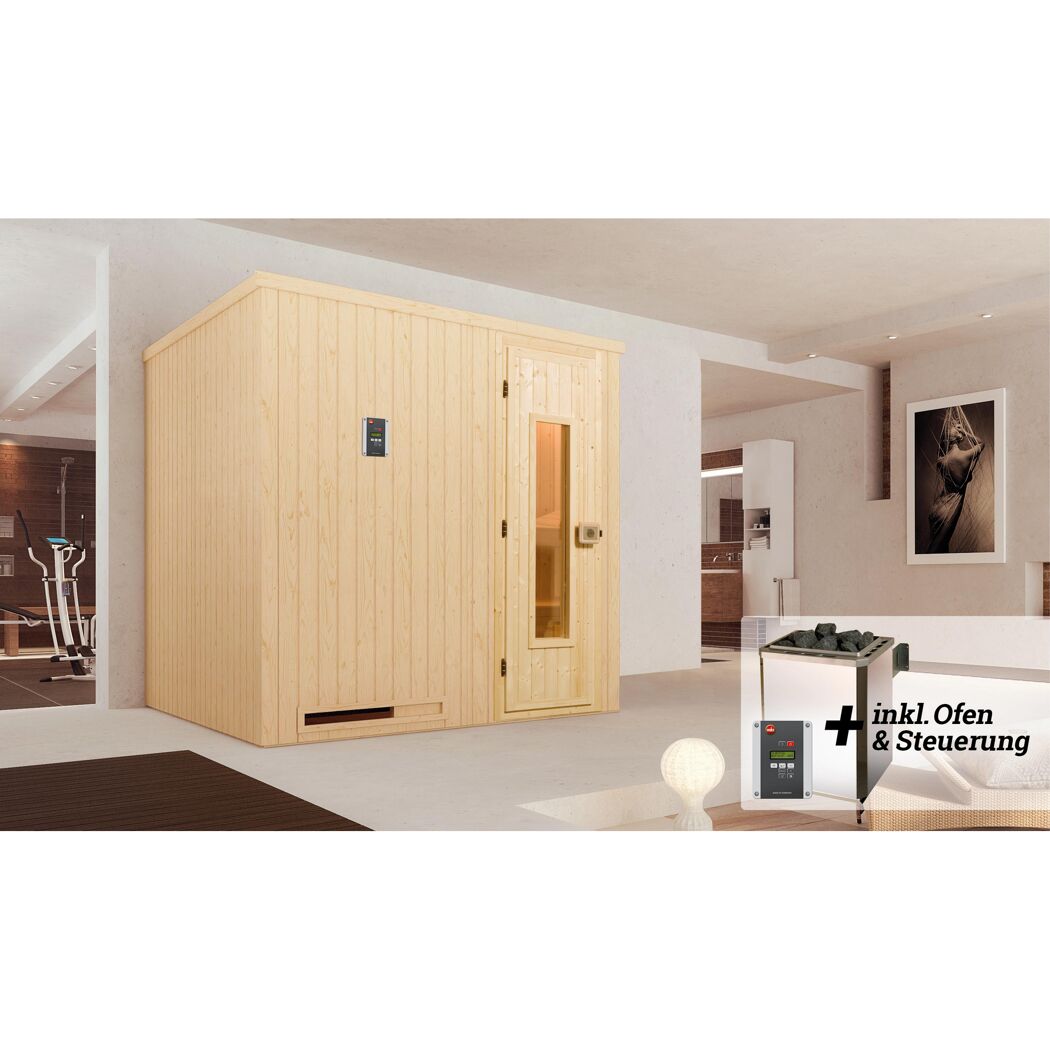 Sauna aus hellem Holz in einem Raum.