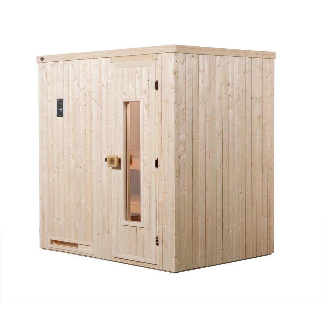 Außenansicht der Sauna HALMSTAD aus hellem Holz.