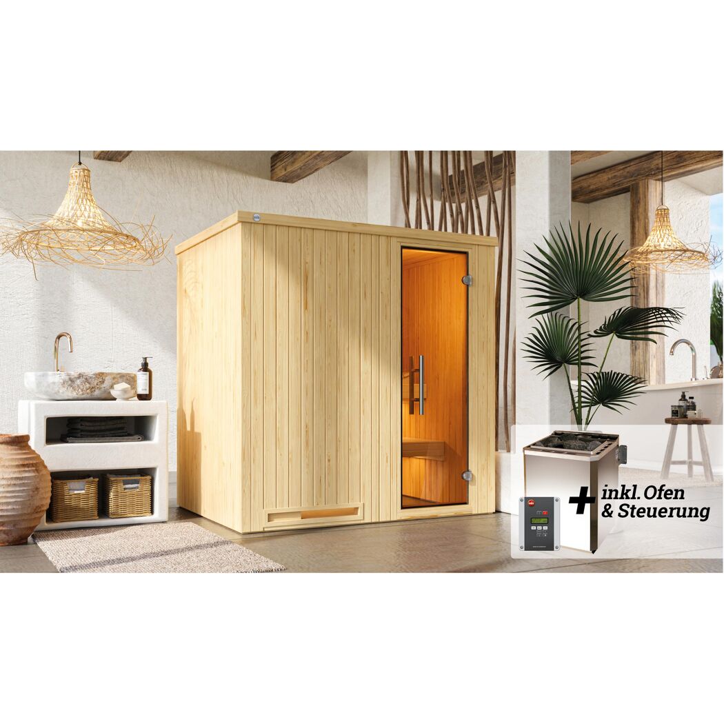 Sauna aus hellem Holz mit Saunaofen und Steuerung