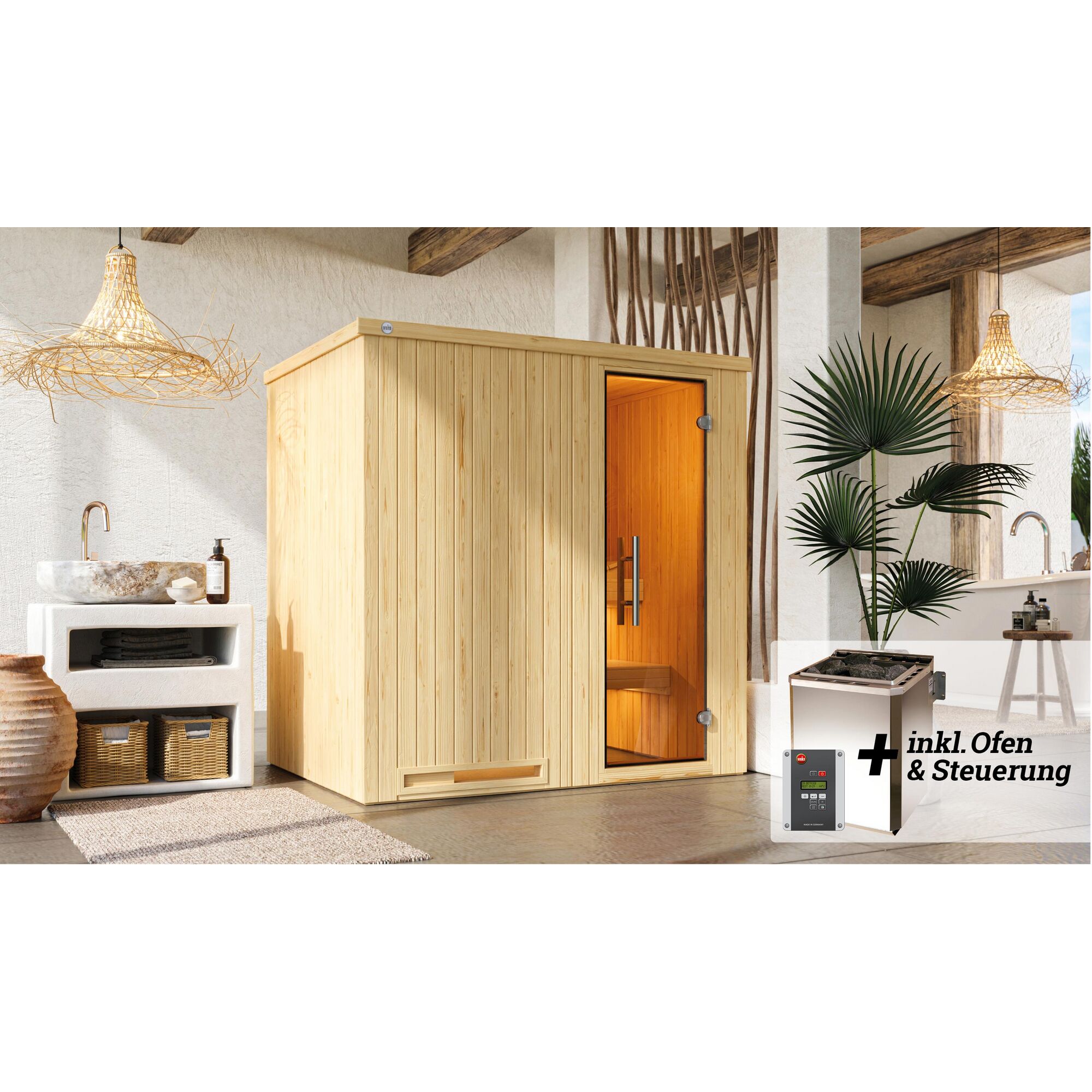 Sauna aus hellem Holz mit Saunaofen und Steuerung