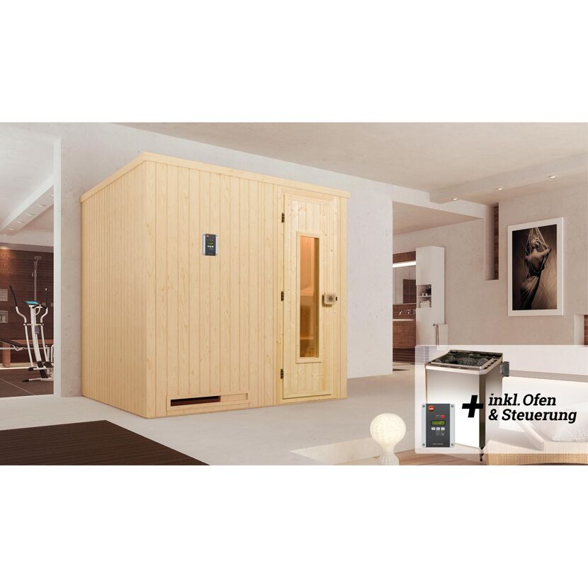 Sauna aus hellem Holz mit Ofen und Steuerung