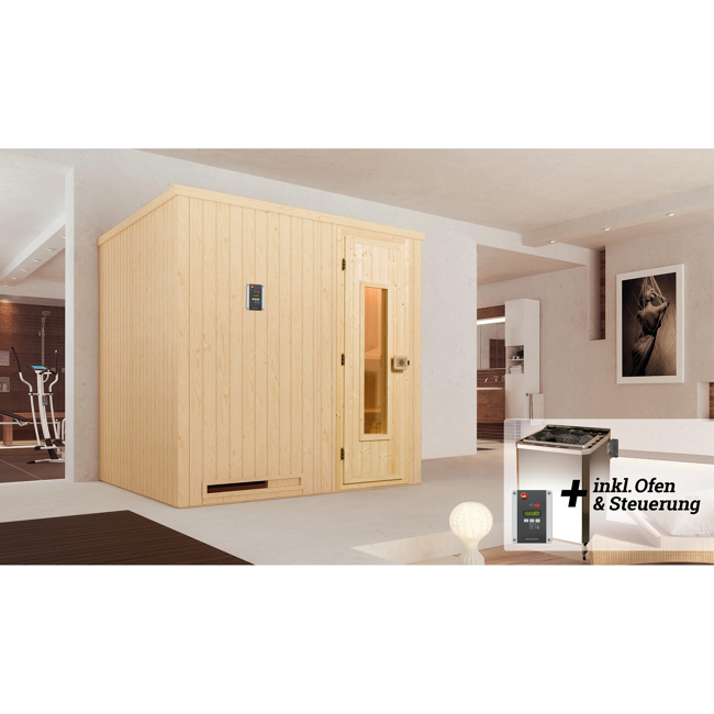 Bild von Elementsauna 'Halmstad 2' mit 7,5 kW BioS-Ofenset, Steuerung, Massivholztür 192 x 175 x 199 cm