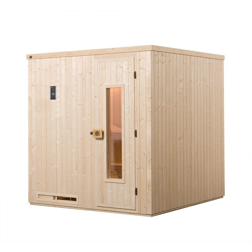 Außenansicht einer Sauna aus hellem Holz