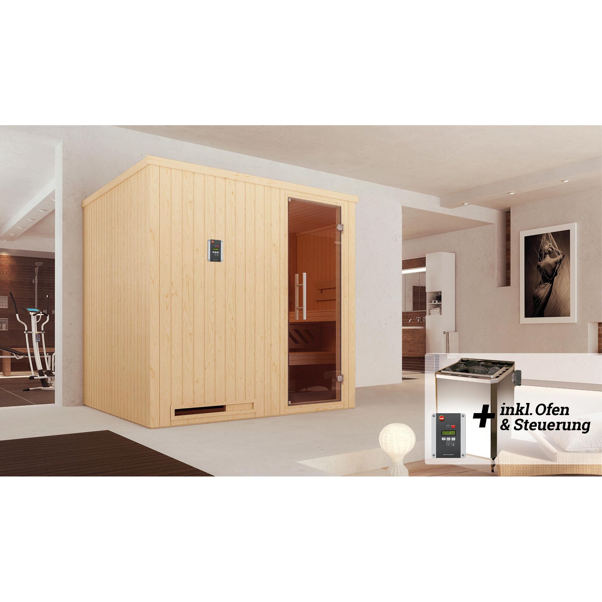 Sauna aus hellem Holz mit Steuerung und Saunaofen