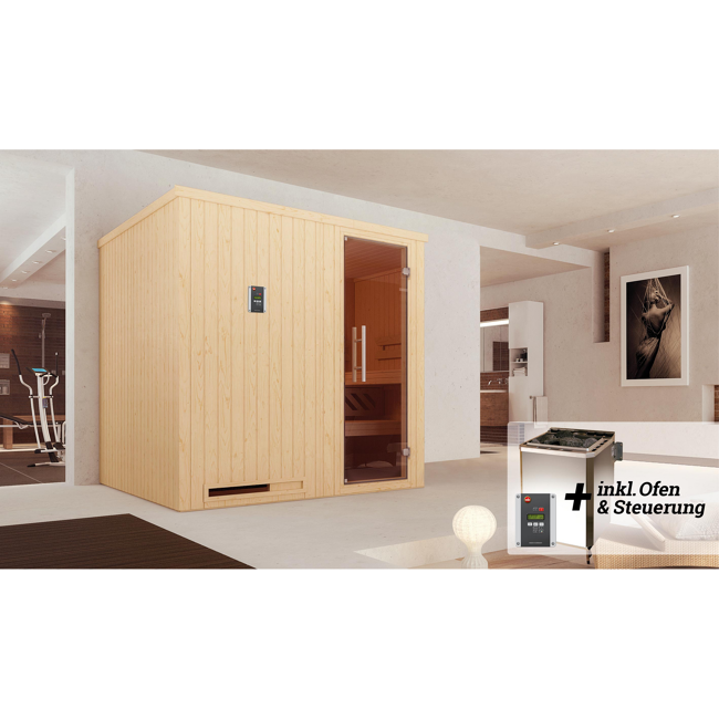 Bild von Elementsauna 'Halmstad 2' mit 7,5 kW BioS-Ofenset, Steuerung, Glastür 192 x 175 x 199 cm