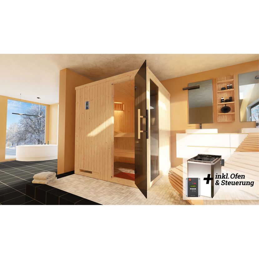 Sauna aus hellem Holz mit Ofen und Steuerung