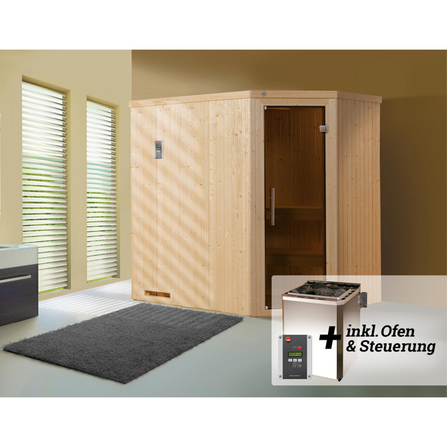 Bild von Elementsauna 'Varberg 1 Eck' mit 7,5 kW BioS-Ofenset, Steuerung, Glastür 192 x 142 x 199 cm