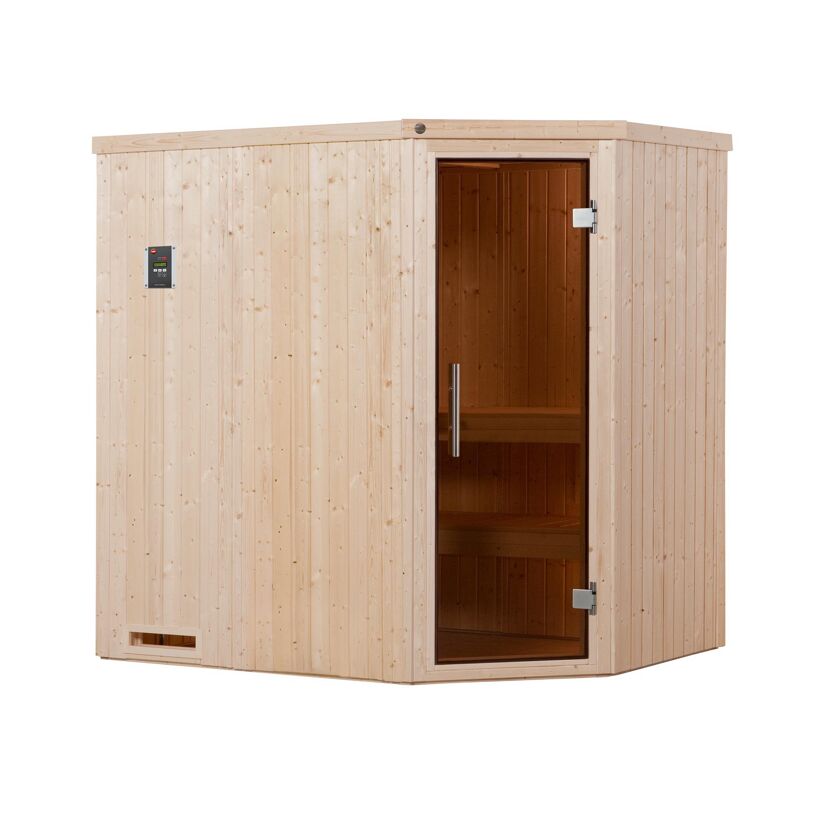 Sauna aus hellem Holz mit geöffneter Tür