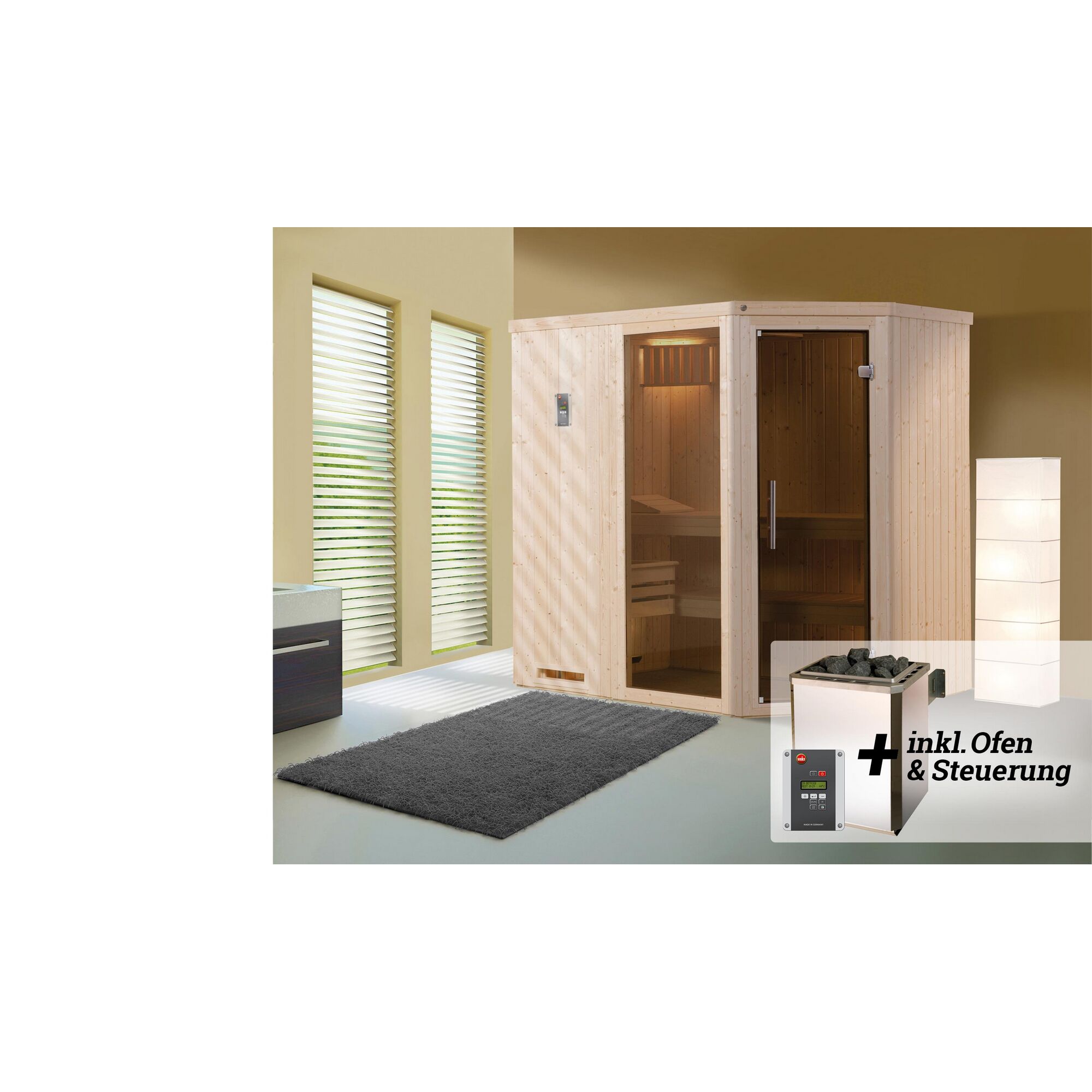 Ecksauna aus hellem Holz mit Ofen und Steuerung