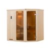 Ecke einer Sauna aus hellem Holz mit Glastür.
