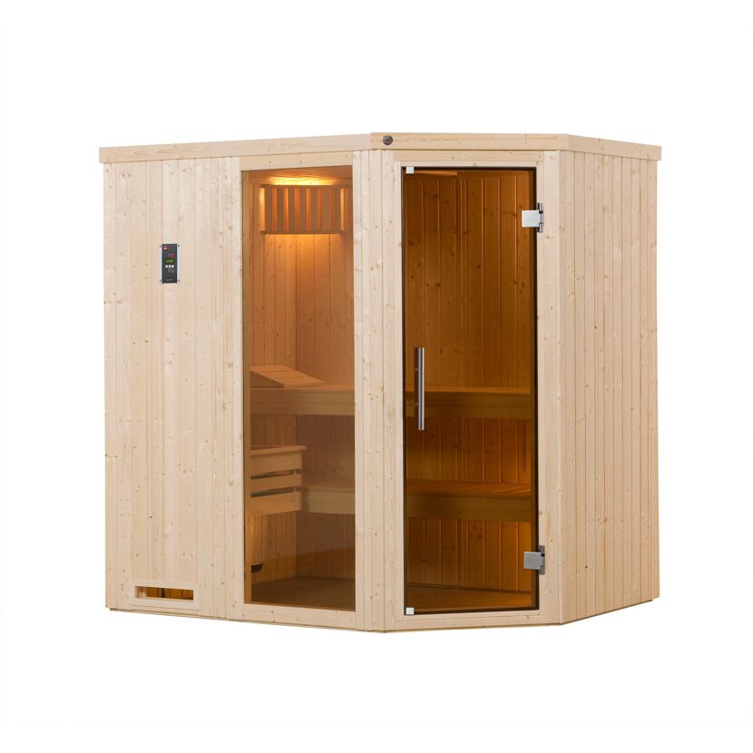 Ecke einer Sauna aus hellem Holz mit Glastür.
