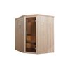Sauna aus hellem Holz mit offener Tür.