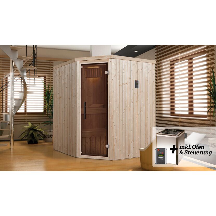 Ecksauna aus hellem Holz mit Saunaofen und Steuerung