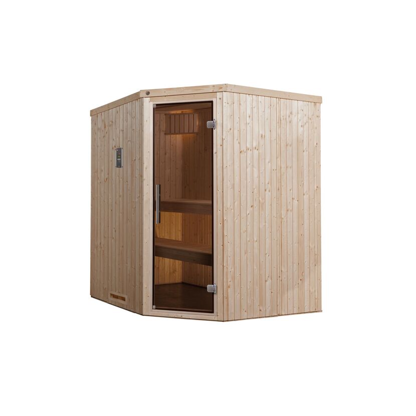 Weka Sauna Varberg, geöffnet, helles Holz