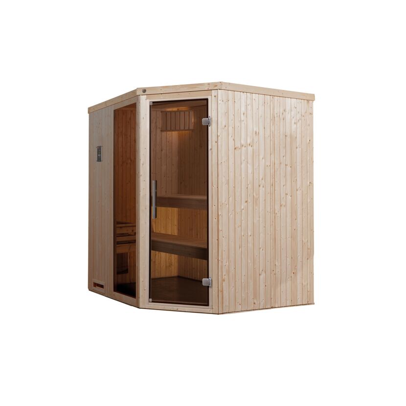 Sauna aus hellem Holz mit offener Glastür.