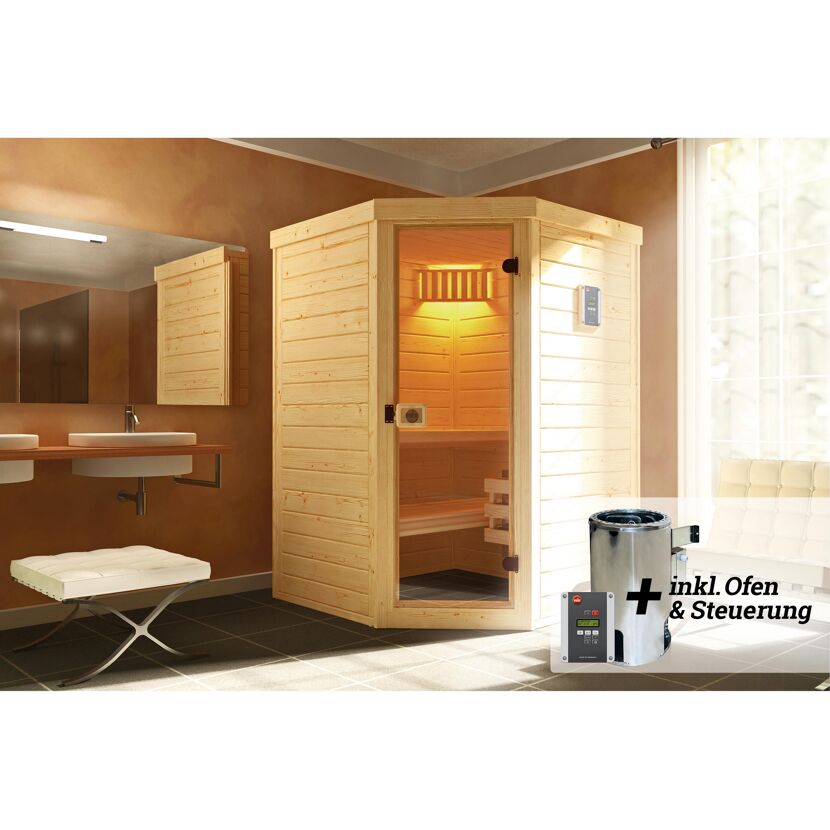 Ecksauna aus hellem Holz mit Saunaofen