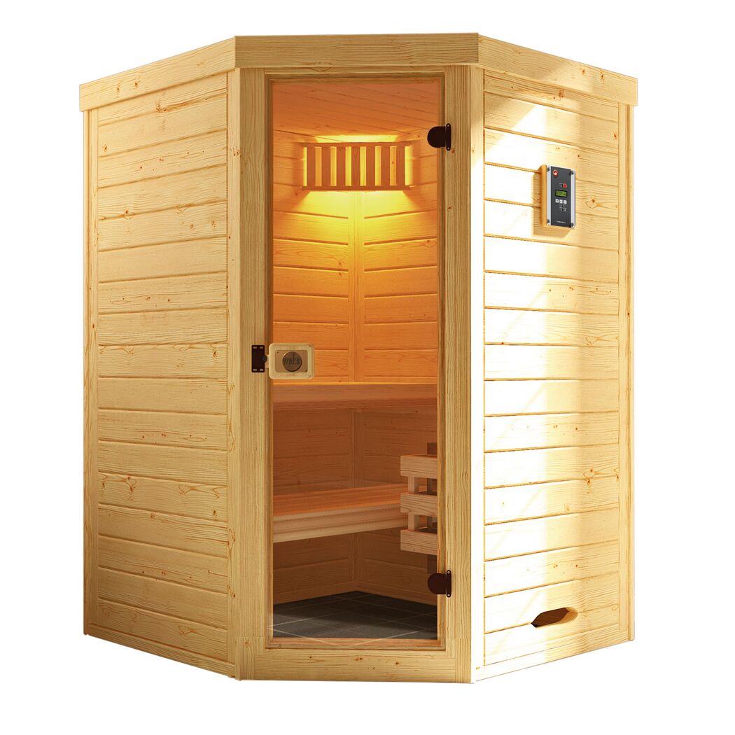Offene Sauna aus hellem Holz mit Sitzbank.