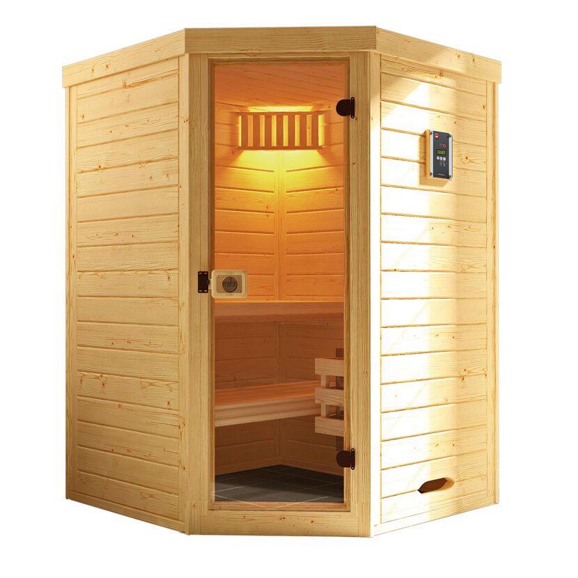 Offene Sauna aus hellem Holz mit Sitzbank.