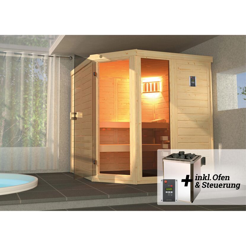 Sauna aus hellem Holz mit Saunaofen und Steuerung