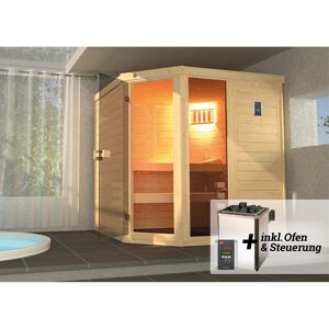 Massivholz-Elementsauna 'Laukkala 2' mit 7,5 kW OS-Ofenset, Steuerung, Glastür, Fenster 186,6 x 138,6 x 200 cm