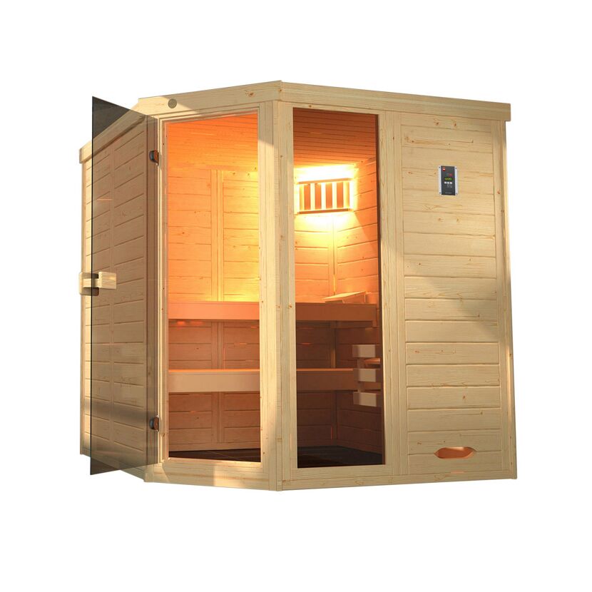 Sauna aus hellem Holz mit offener Tür