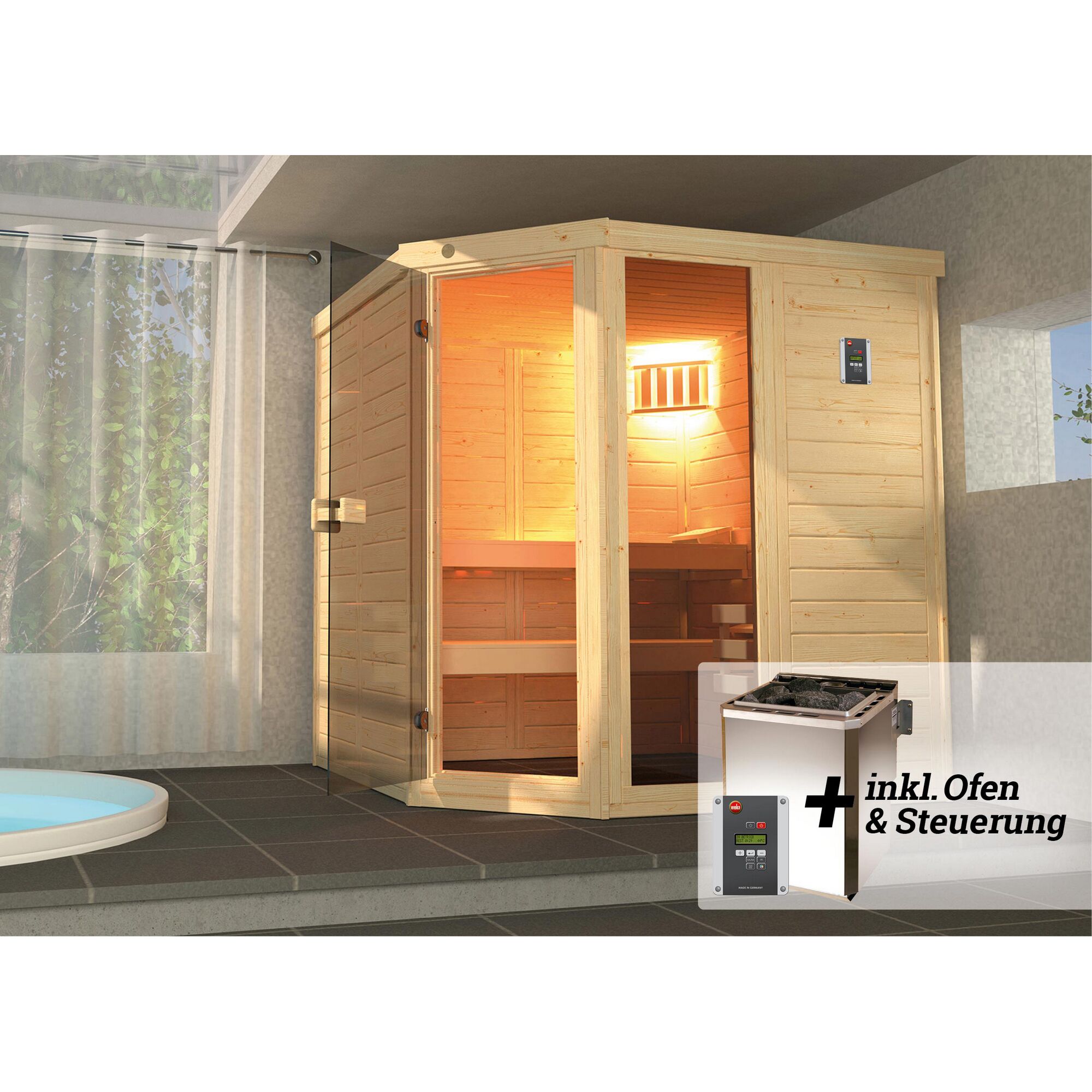 Sauna aus hellem Holz mit Saunaofen und Steuerung