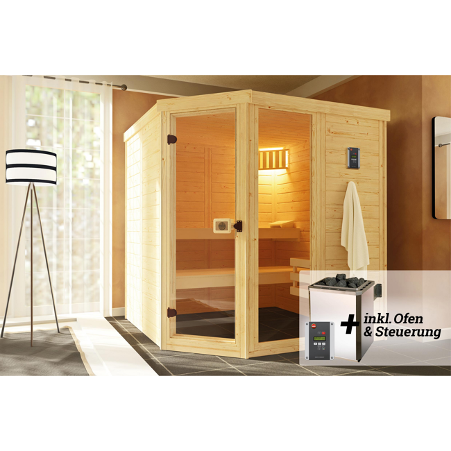 Bild von Massivholz-Elementsauna 'Laukkala 3' mit 7,5 kW OS-Ofenset, Steuerung, Glastür, Fenster 186,6 x 186,6 x 200 cm