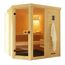 Sauna aus hellem Holz mit Glastür und Handtuch