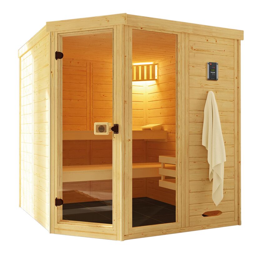 Sauna aus hellem Holz mit Glastür und Handtuch