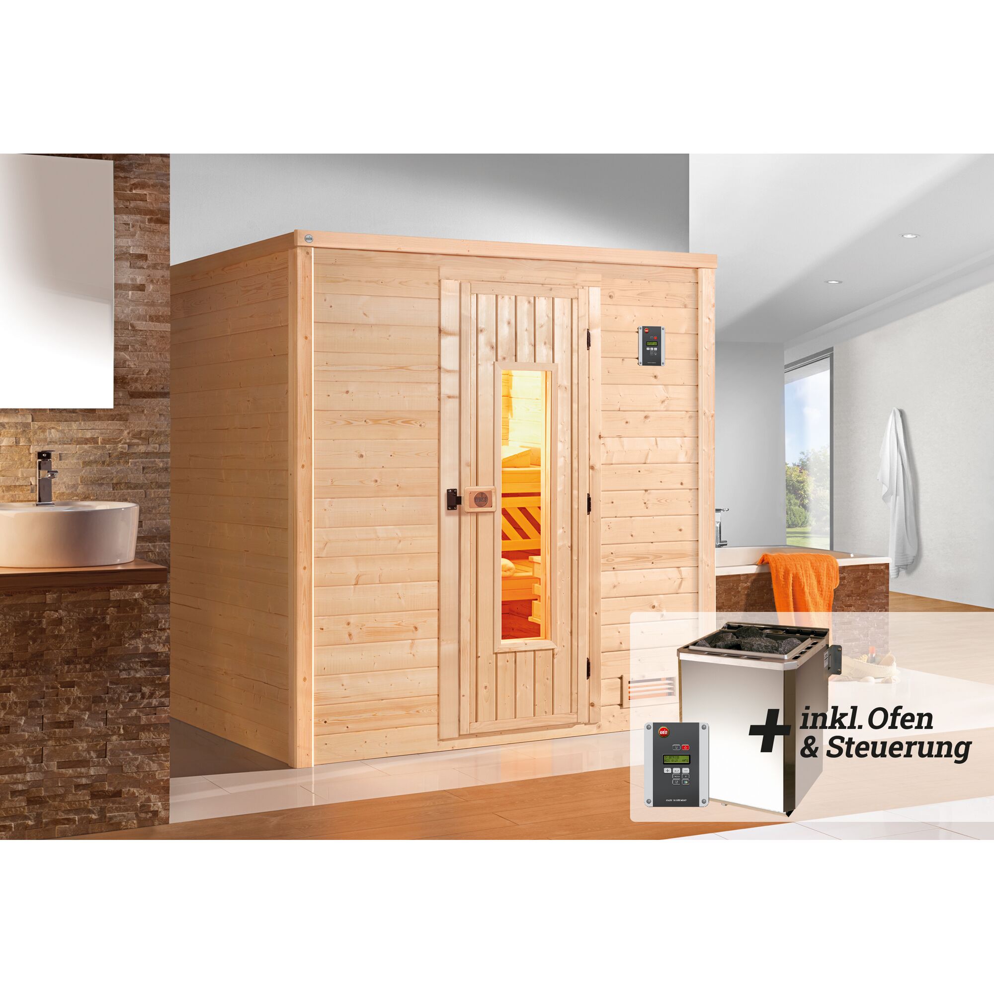 Sauna aus Holz mit Ofen und Steuerung