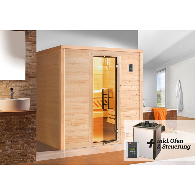 Bild von Premium-Massivholzsauna 'Bergen 1' mit 7,5 kW OS-Ofenset, Steuerung, Glastür 188 x 138 x 205 cm